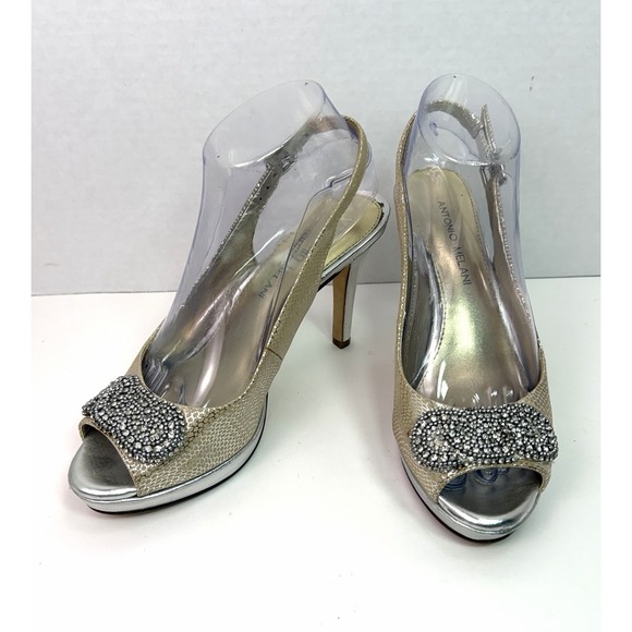 ANTONIO MELANI Shoes - Antonio Melani Heels 7.5M Gold‎ Slingback Peep Toe Rhinestone Platform Leather